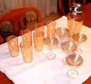Antique Art Deco 1930's GOLD RINGS COCKTAIL Mixer Martini Shaker & 11 Glasses - Picture 1 of 9