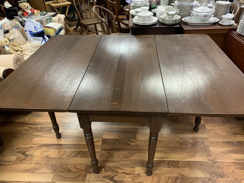 ATQ 1800s Primitive Hand Carved Solid Oak Wood Drop Leaf Table w/ Gate Legs 60”L Cover