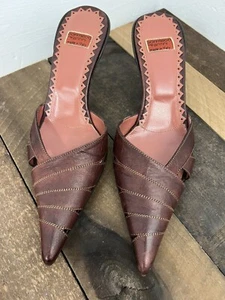 Goffredo Fantini Woman’s Kitten Heel Mules Size 36/ 5.5 Pointy Toe Brown Leather - Picture 1 of 13