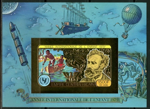 Center Africa 1979 Jules Verne Balloons Space Gold Foil Michel Block 57 B Imperf Cover