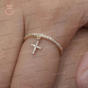 Solid 14k Yellow Gold Stack Cross Ring Natural Diamond Dainty Jewelry Cross Ring - Picture 1 of 9
