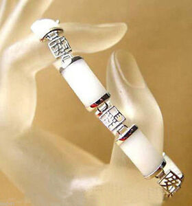 White Jade 18KWGP Fortune Longevity Luck Link Clasp Women Girl Bangle Bracelet