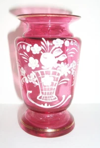 Vintage Small Cranberry Glass Vase with Handpainted Flowers - Picture 1 of 6