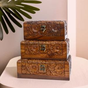 Set of 3 Carved Wooden Boxes – Handmade Floral Design, Elegant Storage - Picture 1 of 7