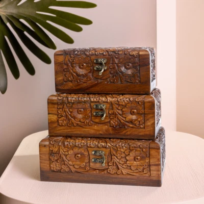 Set of 3 Carved Wooden Boxes – Handmade Floral Design, Elegant Storage - Image 1 of 4