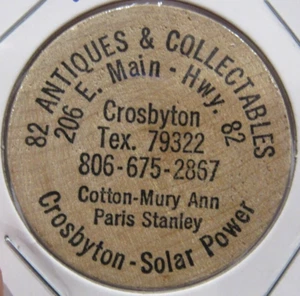 Vintage 82 Antiques & Collectables Crosbyton, TX Wooden Nickel - Token Texas - Picture 1 of 2
