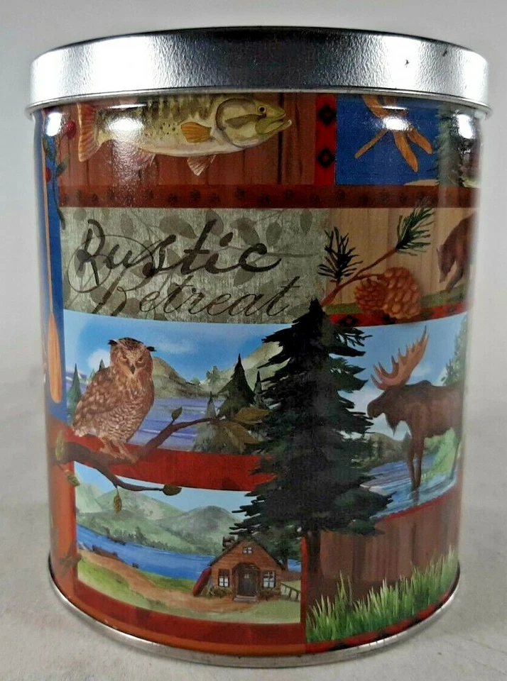 Rustic Retreat Cabin Lodge 6" TIN Canister Round - Owl, Moose, Bear, Deer, Trout - Image 1 of 4