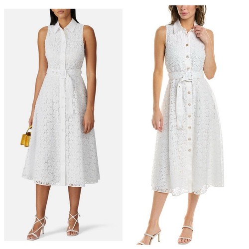 Abito camicia pizzo foglia bianca Kate Spade lunghezza tè cintura giardino festa taglia 6