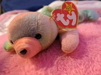 Sammy Beanie Baby Original, erreur d'étiquette à accrocher, retraite, peluche, marque Ty, pastel. - Photo 1/4