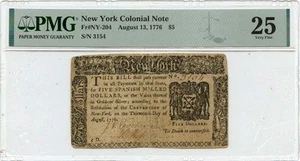 1776 August 13, $5 New York Colonial Note PMG VF25 NY-204 - Picture 1 of 2