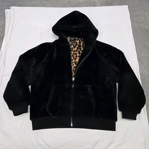 Size XL Men's Forever 21 Black Faux Fur Coat Cheetah Print Lined Full-Zip Hooded - Picture 1 of 12
