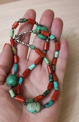Vintage Retro Necklace Red Coral natural turquoise Silver Clasp string 22g - Image 1 of 4