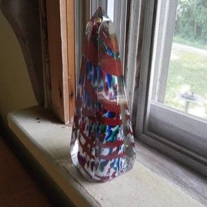 PRETTY MULTI COLOR HEAVY CUT ART GLASS OBELISK PAPERWEIGHT 5 1/2"TALL - Picture 1 of 8