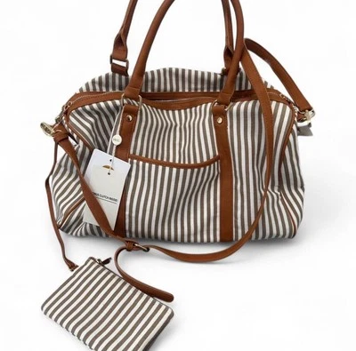 全新带标签 MMS 条纹棕色和白色女式包套装行李带手拿包 — 第 1/4 张图片