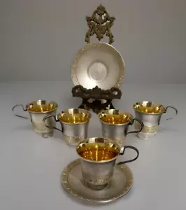 Antique Russian Silver 810 MMET GOLD Plated inside Coffee Cup & Saucer Set of 5 - Picture 1 of 8
