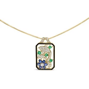 18K Yellow Gold 2 1/3 Cttw Diamond Treated Sapphire and Emerald Dog Necklace - Picture 1 of 7