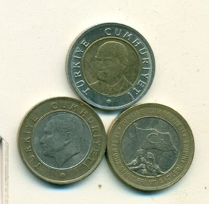 3 DIFFERENT BI-METAL 1 LIRA COINS from TURKEY - 2005, 2009 & 2016 (3 TYPES) - Picture 1 of 2