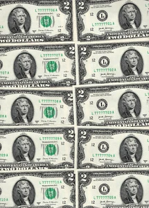Fancy serial numbers on 10 2017A $2 bills: L77777701A - L77777710A - Picture 1 of 5