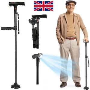 Elder Folding Walking Stick Walking Cane Height Adjustable LED Light Alarm HOT - Picture 1 of 11