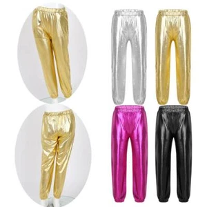 Kids Girls Dance Gym Pants Metallic Elastic High Waist Hip Hop Trousers Costumes - Picture 1 of 57