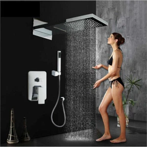 Silver Rain Rectangle Shower Head 3-Way Mixer Valve Hand Held Shower Faucet Set - Picture 1 of 11