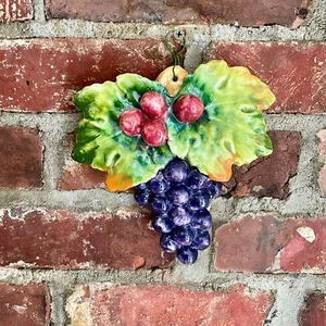 7" Terra Cotta Glazed Green Purple Grapes Wall Sculpture Hand Made - Picture 1 of 3