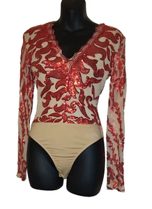 Vintage Fashion Nova Adult BODYSUIT Top Stretchy RED BEIGE Sequins Disco SZ M - Picture 1 of 13