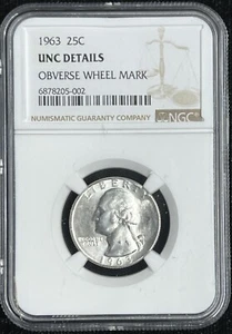 1963 UNC DETAILS OBVERSE WHEEL MARK WASHINGTON QUARTER (002) - Picture 1 of 2