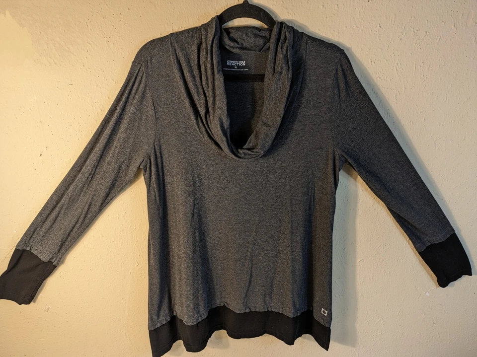 Kenneth Cole REACTION Mujer XL Gris Negro Capucha Cuello L/S Dobladillo Dividido Entrenamiento Top Foto 1 de 4