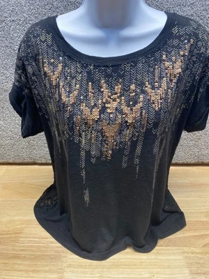 Miss Me Womens Small Black Top Sequin Front Lace Back Short Sleeve Lightweight - Image 1 of 4
