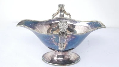 Twin Handle Sauce Gravy Boat Silver Plated EPNS Scalloped Beaded Rim on Pedestal — 第 1/4 张图片