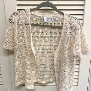 Vintage A. Byer elfenbein vorne offen leichte Strickjacke Shirt Häkelspitze beige - Bild 1 von 5