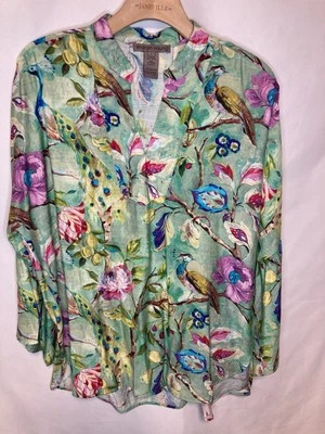Blusa Sharon Young Verde Top Manga Campana Floral Pavo Real Arte Para Usar Campesino Foto 1 de 4