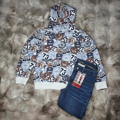 Levi's felpa manica lunga con cappuccio e jeans denim set 2 pezzi blu taglia 6 bambino nuovo con etichetta - Immagine 1 di 4