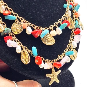 Beach Boho Coral Turquoise Rose Quartz Shell Goldtone Double Layer Necklace 21in - Picture 1 of 7