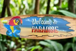 Welcome To Paradise Parrot Airbrushed Surfboard Wall Plaque 39"x 10" - Picture 1 of 5