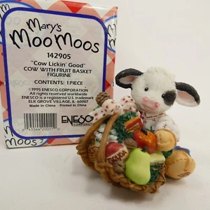 1995 Marys Moo Moos COW LICKIN GOOD Figurine fruit basket Enesco Christmas PBKLE - Picture 1 of 22