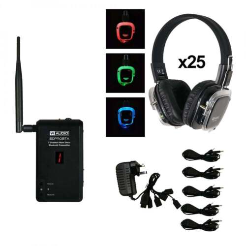 W Audio Wireless Bluetooth Silent Disco Pack x25 Headphones & Transmitter Bundle