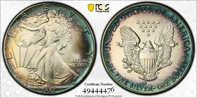 1987 American Silver Eagle - PCGS MS69 - Blue Double Sided Toner - TrueView - Image 1 of 4