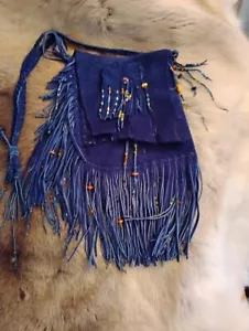 Blue Suede Deerskin Leather Purse OOAK Beaded Fringed Crossbody - Picture 1 of 3