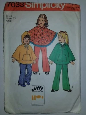 Simplicity 7033 Poncho Cape Pants Sewing Pattern Girls 4 4T CUT VTG 70's Hooded - Image 1 of 3