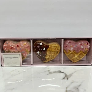 NEW Cupcakes & Cashmere PINK WAFFLE Glazed Ceramic Heart Home Decor SET OF 3 - Picture 1 of 4