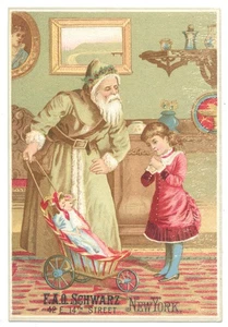 F.A.O. SCHWARZ NYC Green Robe SANTA, Girl, Dolls CHRISTMAS Trade Card 1880s Rare - Imagen 1 de 2