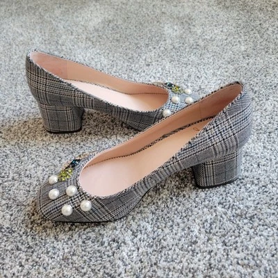 J.Crew Jeweled Embellished Celia Glen Plaid Block Heels Pumps Size 6 Foto 1 de 4