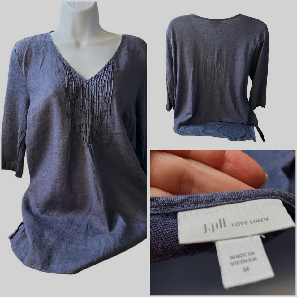 J. Jill Love Linen Size M Blue Tunic 3/4 Sleeve Pintuck Pleat V-neck NWOT - image 1 of 4