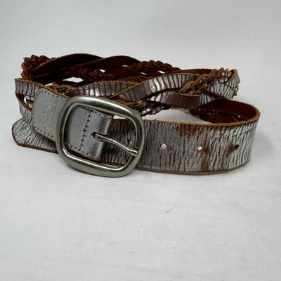 Cinto de couro trançado metálico prata feminino Fossil tamanho grande boho genuíno - Imagem 1 de 4