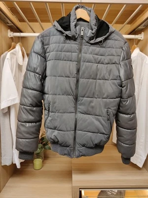 GUESS LARGE GREY COAT JACKET BOMBER ZIP PADDED PUFFER CASUAL HOOD PU SLEEVE MENS - Image 1 of 4