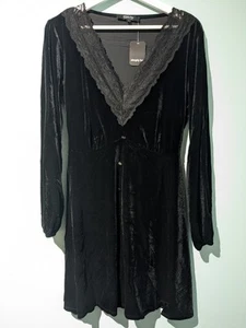 Simply Be Black Crushed Velvet Lace Button Gothic Skater Dress, Size 10 NEW - Picture 1 of 9