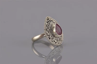 纯银梨形切割红色蓝宝石串珠滚动戒指 925 尺寸:7 — 第 1/4 张图片