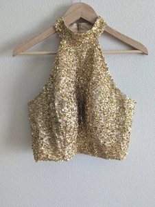 Gold Sequins Top Womens 34 Bust S/M High Neck Beaded Crop Sparkle Dance C6 - Picture 1 of 13